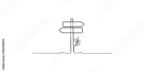 A simple continuous line art drawing of a signpost with two directional arrows on a white background