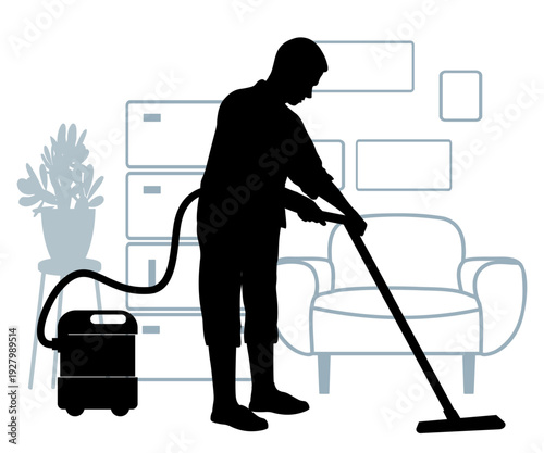 Family silhouettes. Man cleaning the room. Vector illustration	
