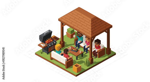 An isometric illustration of a group of friends having a barbecue party in a backyard under a wooden gazebo, grilling food and socializing together.