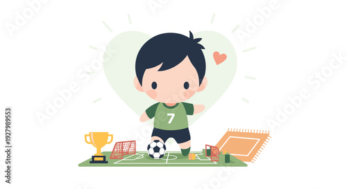 A cute cartoon boy in a green soccer uniform plays with a ball on a miniature field with a trophy, with a large heart symbol in the background.