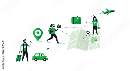 An infographic illustration showing sports fans traveling to a game by car and plane, with their routes shown on a map with location pins.