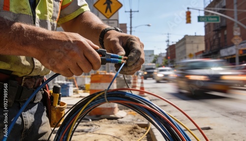 Technicians connecting highcapacity fiber cables on a busy street under construction main worker sharply defined against blurred street signs and buildings.