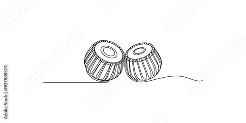A simple black and white line art illustration of a pair of tabla drums used in classical indian music