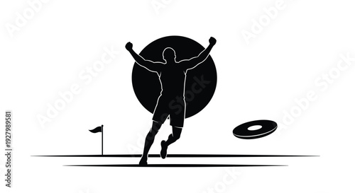 A black and white silhouette of an ultimate frisbee player celebrating a score with arms raised in victory in front of a large circle.