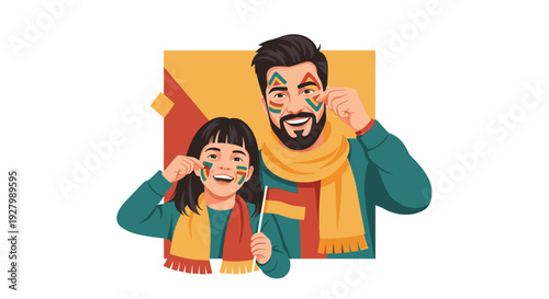 A happy father with a beard and his young daughter, both wearing team scarves and colorful face paint, smile together at a sporting event.
