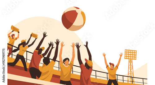A diverse crowd of excited fans in a stadium reaches up with their hands to catch a large striped beach ball during a sunny sporting event.