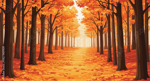 Peaceful forest path with orange autumn trees and fallen leaves
