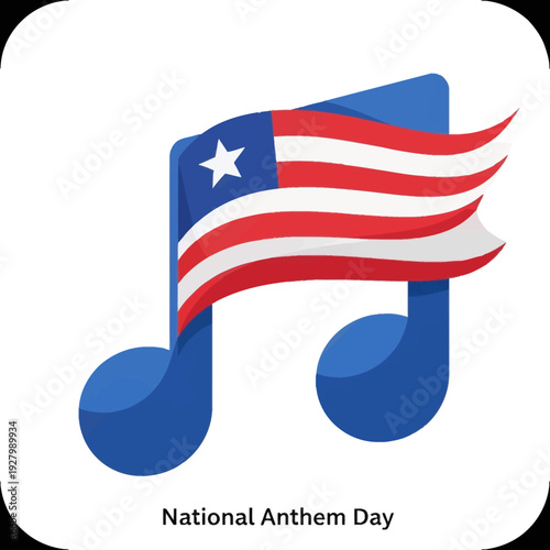 A blue musical note with an American flag draped over it, celebrating National Anthem Day, set against a clean white background.