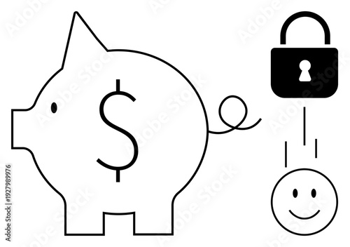 Financial security concept. Piggy bank, smiling face, and lock emphasizing saving money and protecting finances. Financial security promotes stability and secure investments. For banking, personal