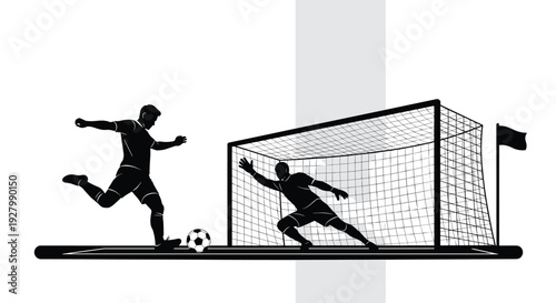 A dynamic black and white silhouette illustration shows a soccer player kicking the ball as the goalkeeper dives to make a save in front of the net.