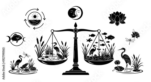 Black and white illustration of a scale balancing two ecosystems with various aquatic life.