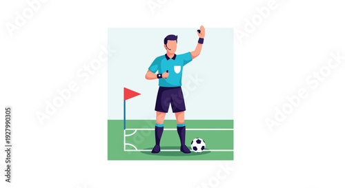 A soccer referee in a bright uniform stands on the corner of the field with a ball, blowing his whistle and signaling with his hand.