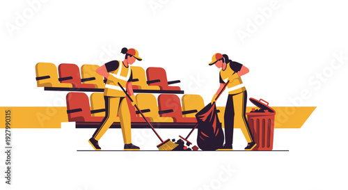 Two female janitors in uniform work together to clean up trash and sweep the stands in a stadium after an event has finished.