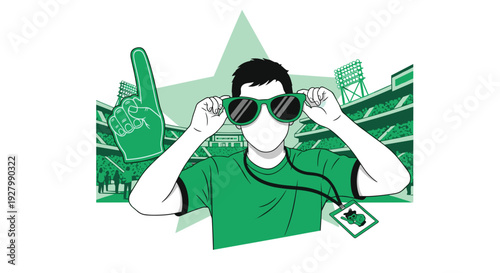A dedicated sports fan wearing sunglasses and a green shirt holds up a foam finger with a stadium visible in the background.