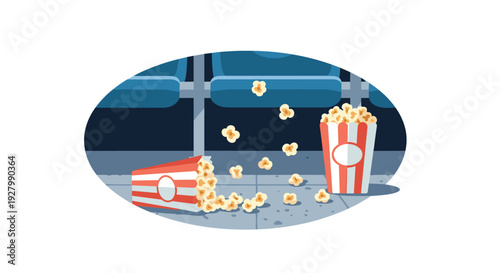 A pixel art illustration shows a full box of popcorn and another one spilled on the floor of an empty cinema in front of blue seats.