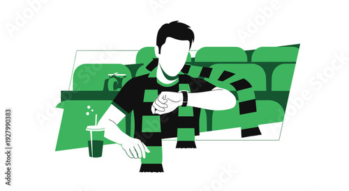 A faceless sports fan wearing a checkered scarf sits in green stadium seats while checking the time on their modern smartwatch.