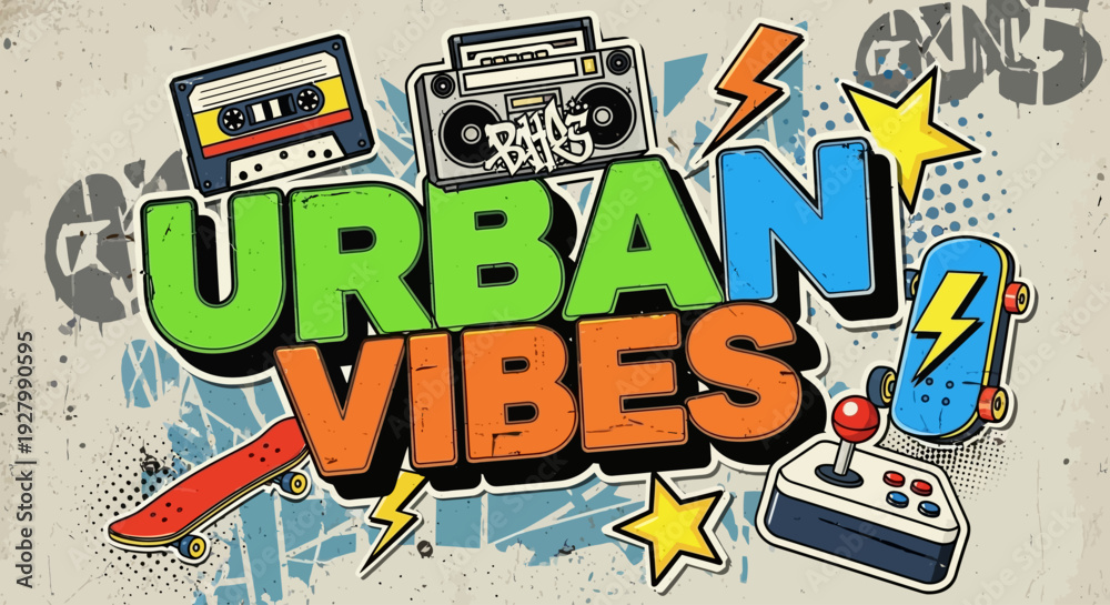 Obraz premium Urban Vibes graphic with retro cassette tape, boombox, joystick, and skateboards, set against a graffiti-style background.