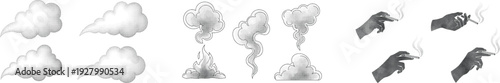 Smoke and hands with cigarettes line art icon collection. Includes various smoke puffs, clouds, and hands holding lit cigarettes. Created in black and white line art style with a monochrome