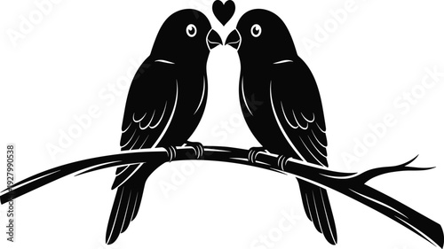 Black silhouette of two lovebirds perched on a tree branch with heart symbol for romantic wedding, anniversary and nature design.