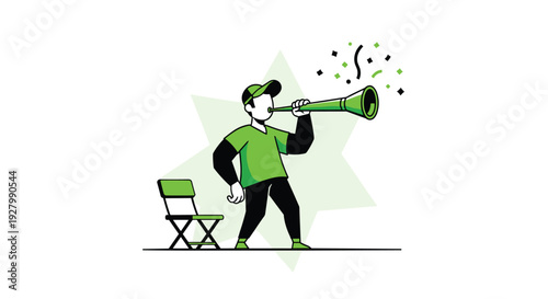 A vector illustration shows a man in a cap and green shirt blowing a vuvuzela horn to celebrate next to a folding chair on a white background.