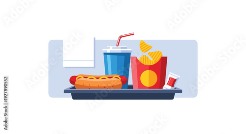 A classic fast food combo meal with a hot dog, french fries, and a soda is arranged neatly on a serving tray for lunch.