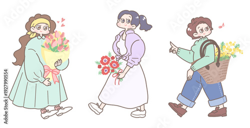 春の花を持った笑顔の女の子の全身イラストセット