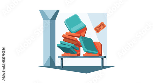 A vector illustration shows a disorderly pile of teal and orange stadium seats on a bench next to a pillar, with a single ticket floating nearby.
