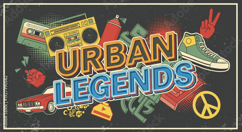 Retro urban legends graphic with cassette tape, boombox, spray paint, car, and sneakers.