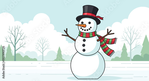 Friendly snowman with hat and scarf in a snowy winter forest