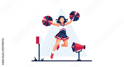 A dynamic vector illustration captures a female cheerleader in a red, white, and blue uniform jumping with pom-poms next to a megaphone on a stand.
