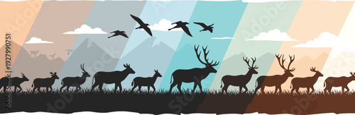 Silhouette of deer herd and birds migrating through mountain landscape