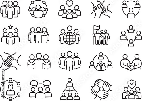 Teamwork, Community, and Leadership Line Icons Set: Collaboration, Global Connection, and Social Network Symbols