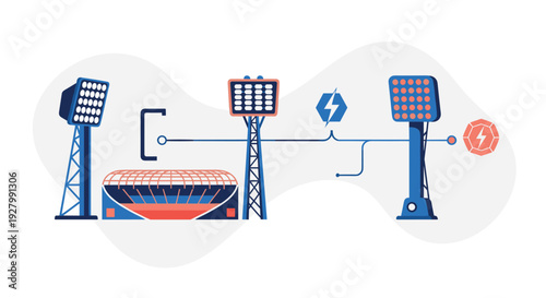 A schematic vector illustration shows a sports stadium connected by a power grid to several large floodlight towers for nighttime illumination.