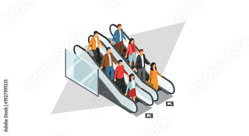 An isometric vector illustration shows a diverse group of people traveling up and down on two parallel escalators in a public space like a mall or station.