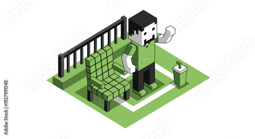 An isometric vector illustration of a blocky character with a mustache waving beside a green chair and trash can on a patch of grass next to a fence.