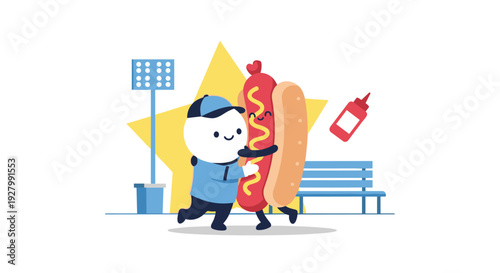 A cute cartoon character in a blue jacket and cap happily hugging a giant, smiling hot dog at a stadium with a bench and ketchup bottle nearby.