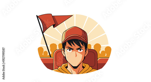 An anime-style illustration of a determined young man wearing a cap and hoodie, sitting in a stadium crowd with a red flag and a radiant background.