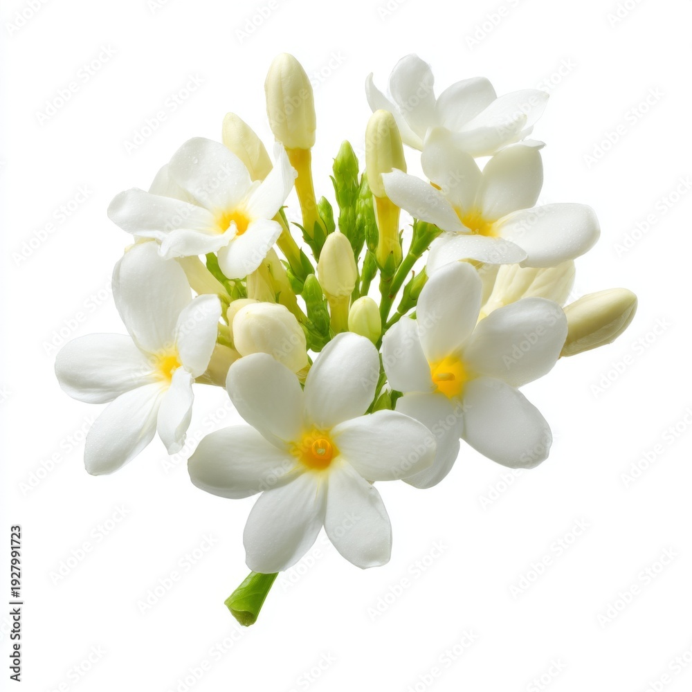 Fototapeta premium Delicate White Flowers with Buds on a Bright Background for Floral Design and Nature Inspiration