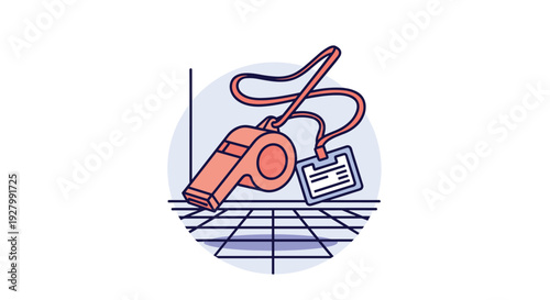 A detailed illustration of an orange coach's whistle with a red lanyard and ID badge resting on a blue grid floor in a circular frame.