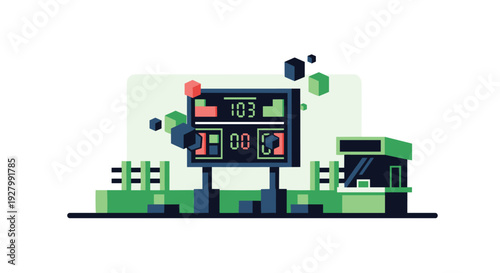 A digital sports scoreboard displays a final score of 103 to 00, with floating cubes and a ticket booth in a pixelated vector style.