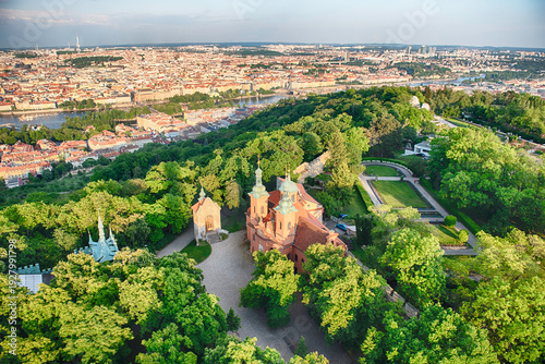 Panoramic view of Prague with Vltava river from Petrin hill