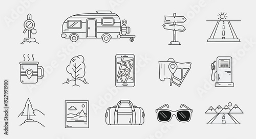 A collection of minimalist line art icons representing various aspects of travel, camping, and outdoor adventures, including navigation, vehicles, maps, and essential gear.