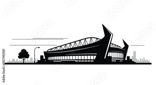 A striking black and white silhouette vector of a modern architectural sports stadium set against a minimalist city skyline with a tree and lamppost.