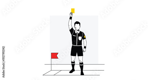 A soccer referee in a black uniform stands on the field and holds up a yellow card as a warning, depicted in a minimalist line art style.