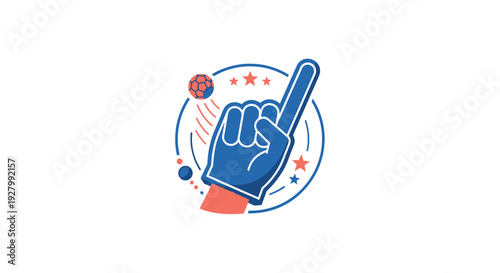 A blue foam finger, a handball, and red stars are enclosed within a circular emblem on a plain white background.