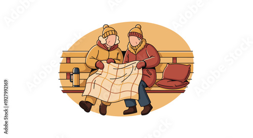 An elderly couple in winter attire shares a checkered blanket while sitting on a wooden bench with a thermos and pillow.
