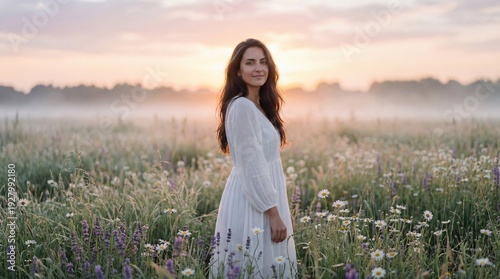 Young woman in white dress standing in field at sunrise, serene nature scene