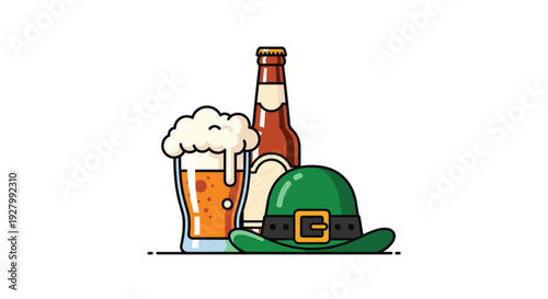 A frothy glass of beer, a brown beer bottle, and a green leprechaun hat with a gold buckle are arranged together on a white background.