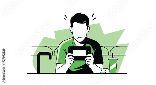 A faceless man with a sad expression sits at a table holding a blank tablet, with a drink and a cane nearby on a green background.