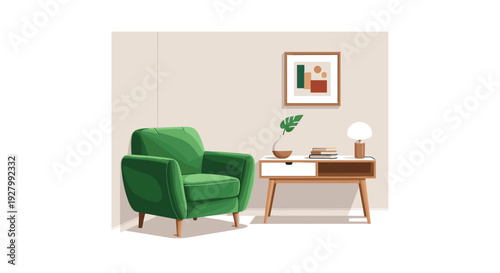 A comfortable green armchair is positioned beside a wooden side table with a lamp and books, beneath an abstract framed artwork on a light beige wall.